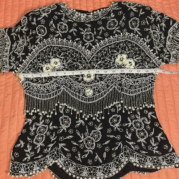 VTG Black Tie By He Ro Industries Sequin Beaded Floral 100% Silk Blouse Sz Small - Picture 7 of 16